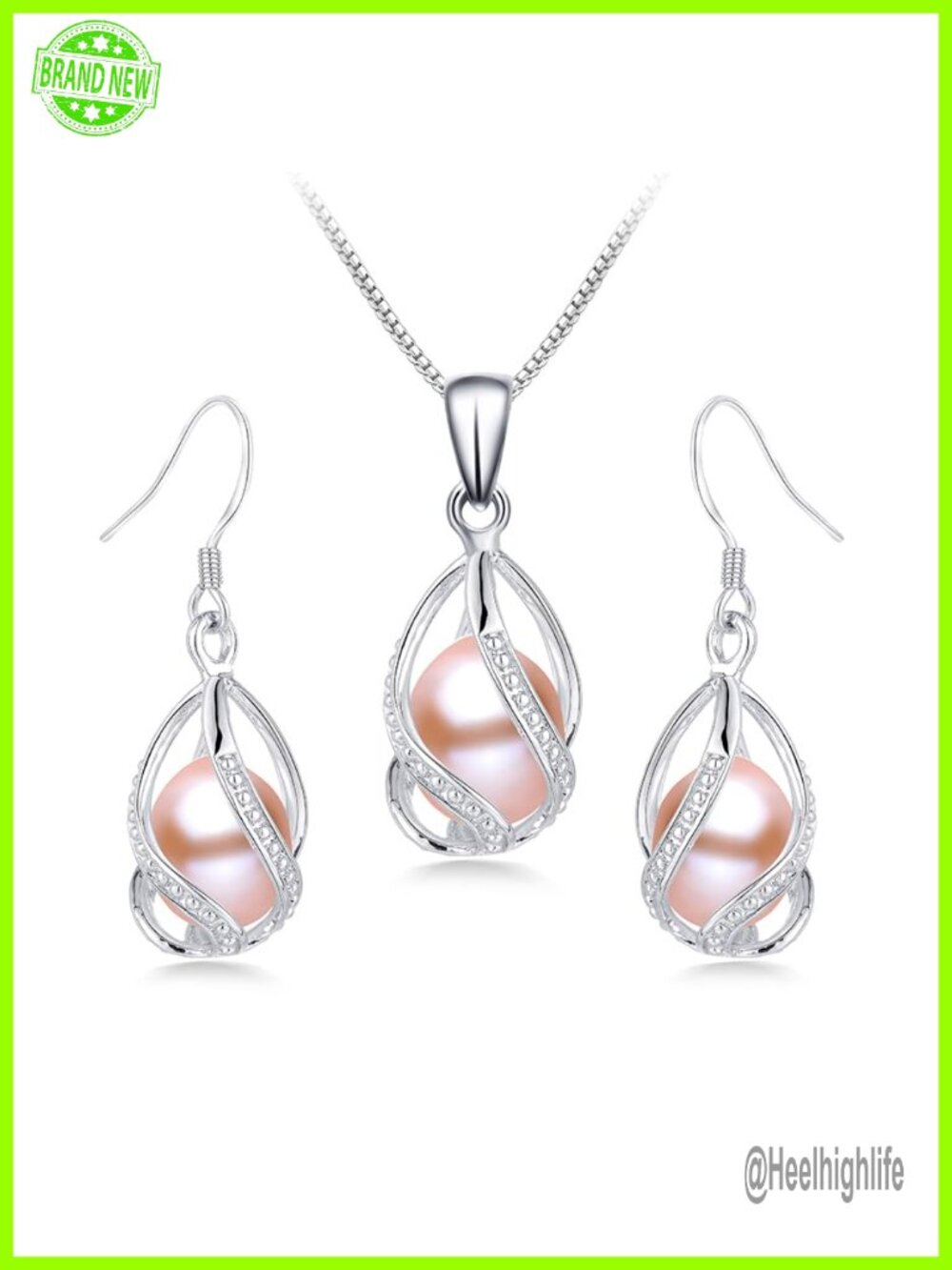 S925 Sterling Silver 14K Gold Plated Pearl Jewelry Set Necklace Earrings